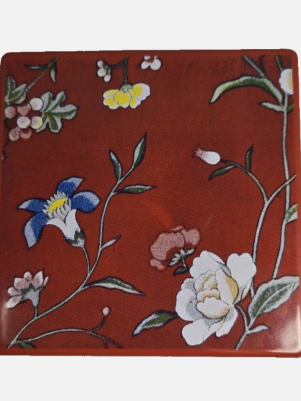 Vintage Metal Tile Trivet Red Chinoiserie Floral Style Square Wall Decor Art MCM
